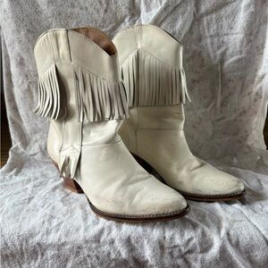 Fringed White Leather Western Boots